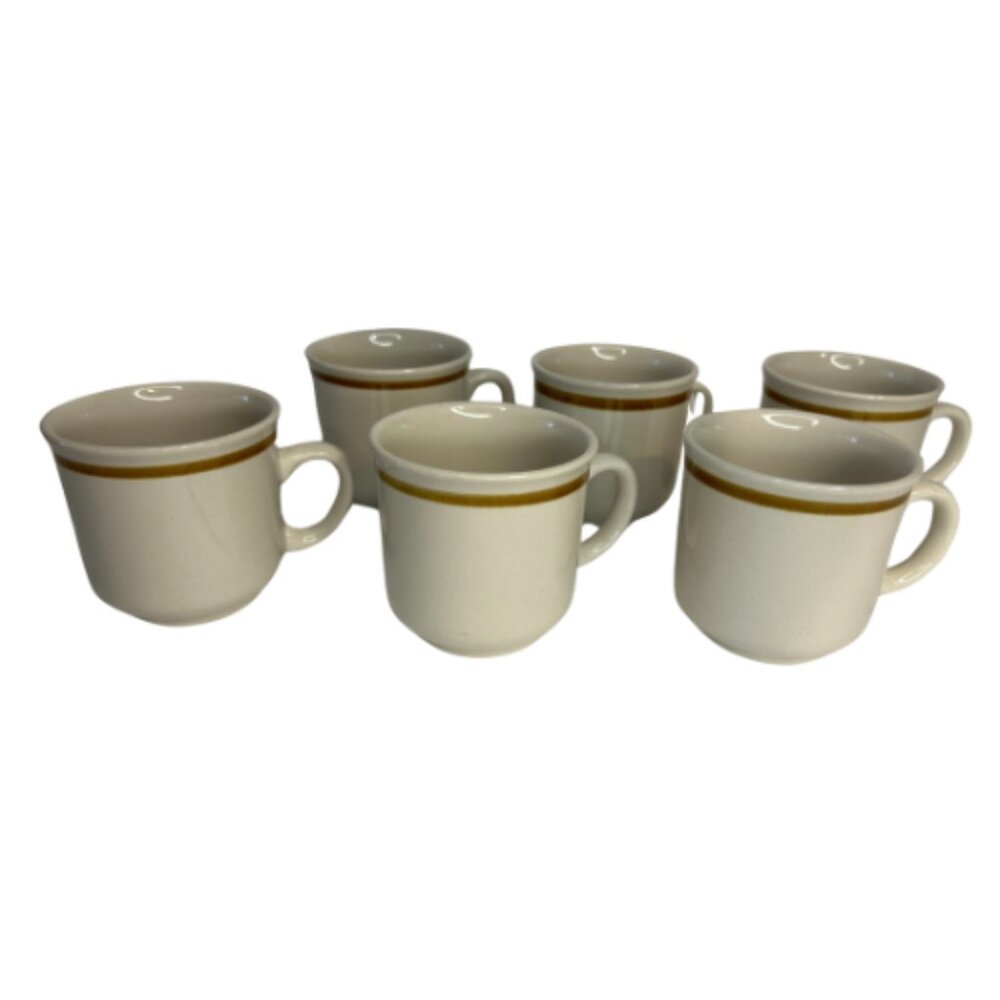 Vintage Highland Florals – Brown Stripe Stoneware Coffee Mugs Set of 6 - Japan